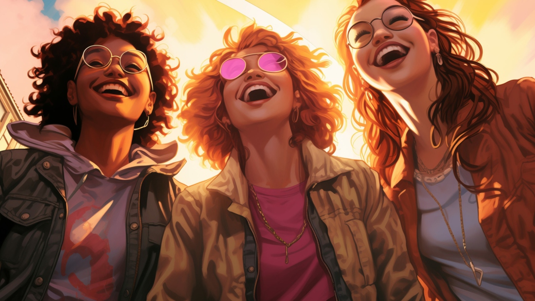 the young ladies are laughing at the young guys, in the style of highly detailed illustrations, richly colored skies, golden light, comiccore, rollerwave, urban grittiness, handsome --ar 7:5 --v 5.2 Job ID: 978a196f-8959-4628-961c-0c01274aea8d