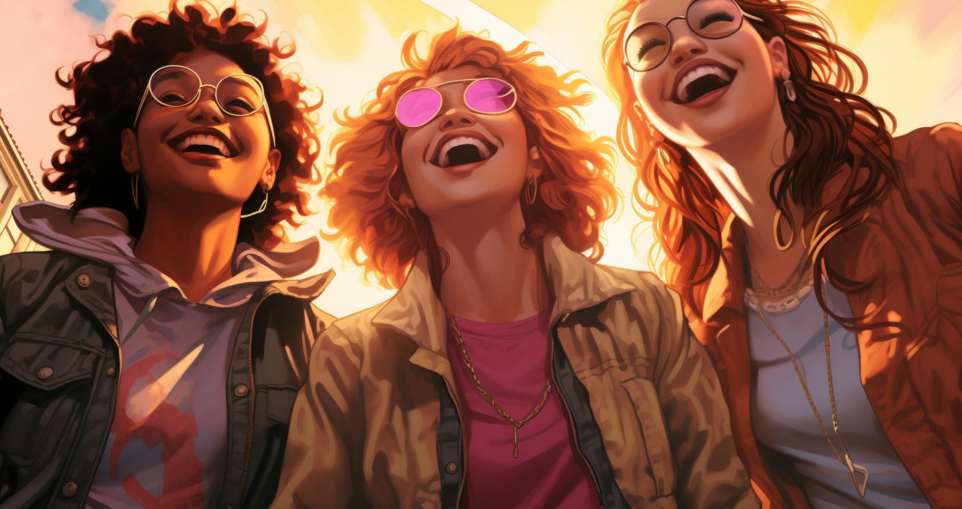 the young ladies are laughing at the young guys, in the style of highly detailed illustrations, richly colored skies, golden light, comiccore, rollerwave, urban grittiness, handsome --ar 7:5 --v 5.2 Job ID: 978a196f-8959-4628-961c-0c01274aea8d