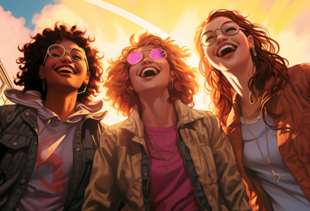 the young ladies are laughing at the young guys, in the style of highly detailed illustrations, richly colored skies, golden light, comiccore, rollerwave, urban grittiness, handsome --ar 7:5 --v 5.2 Job ID: 978a196f-8959-4628-961c-0c01274aea8d