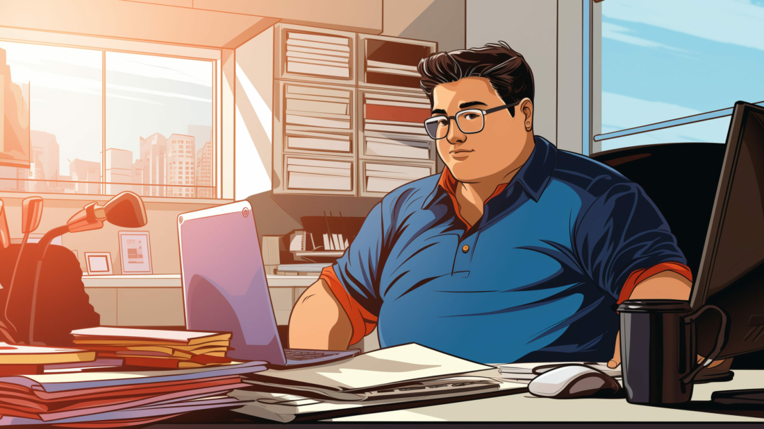 plus size asian man working in office, comic pop art syle --ar 3:2 --v 5.2 Job ID: c6ae5a39-3b1c-4008-8999-3fcb6ea0804f